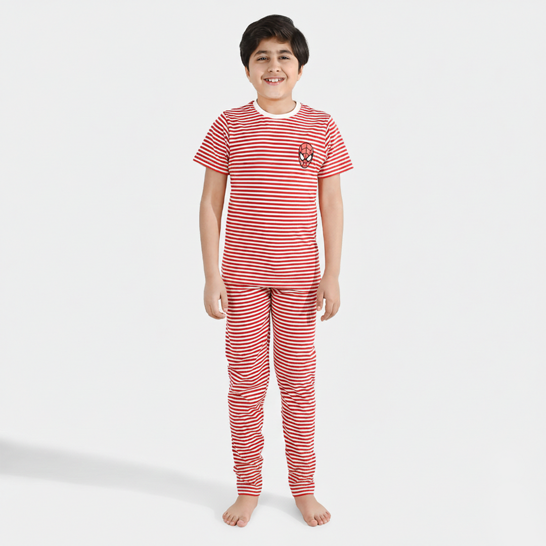 Boys PC Jersey Night Suit - White/Red