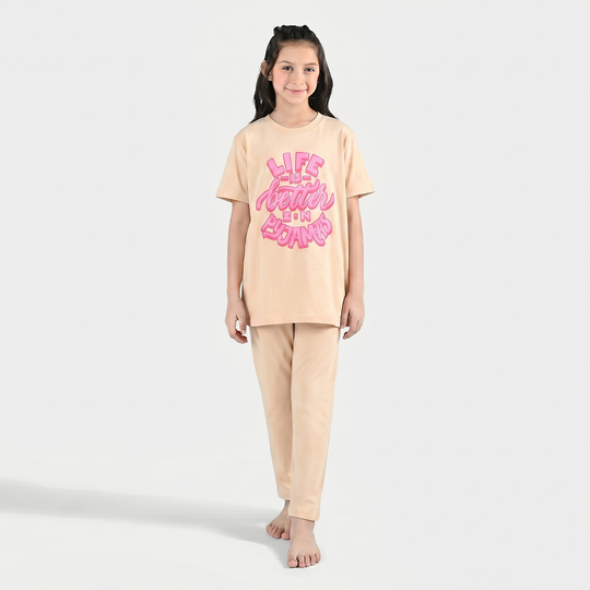 Girls PC Jersey Night Suit (Life is Better) – Brazilian Sand