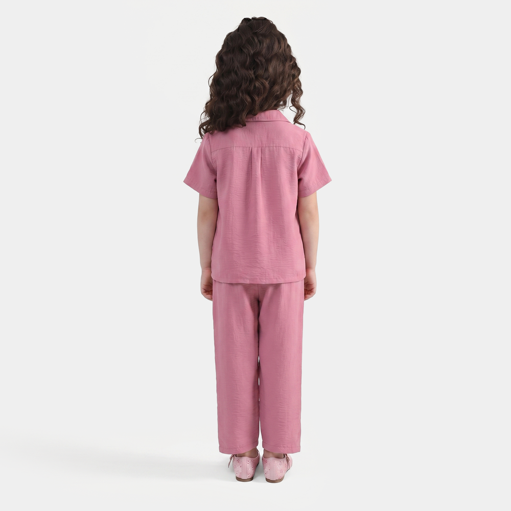Girls Viscose Woven Basic Night Suit – Pink