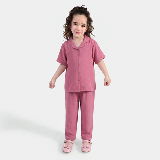 Girls Viscose Woven Basic Night Suit – Pink