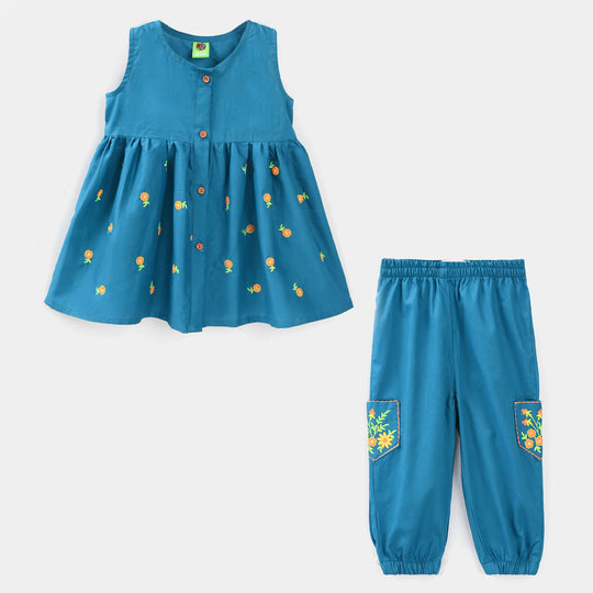 Infant Girls Cotton Embroidered 2Pcs Royal Blue - Turquoise