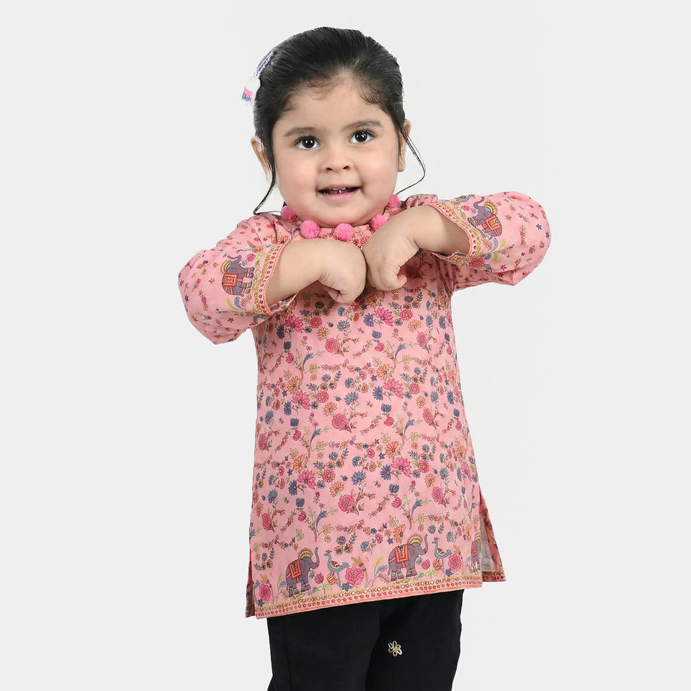 Infant Girls Poly Cambric Printed Kurti - Pink