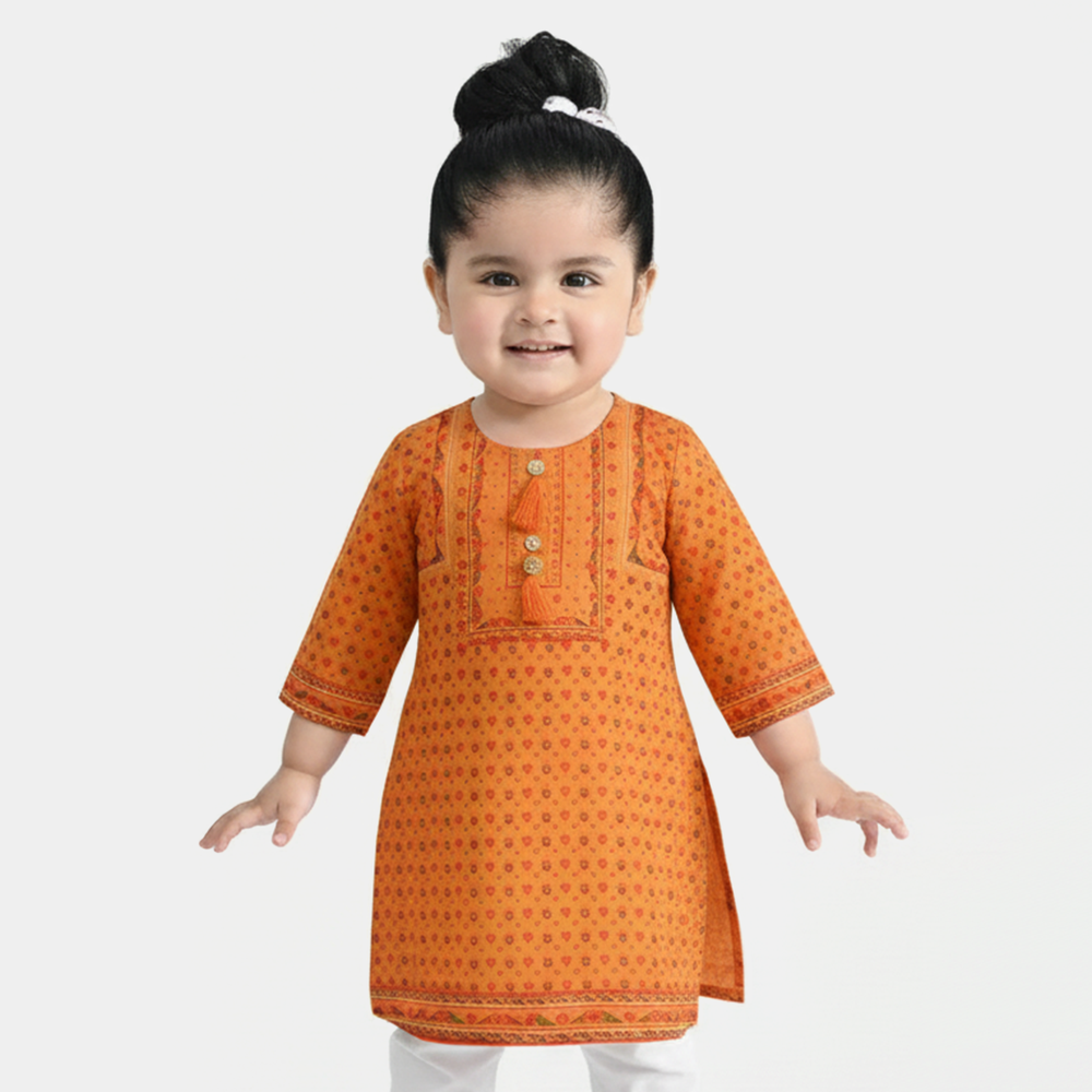 Infant Girls Poly Cambric Printed Kurti - Yellow