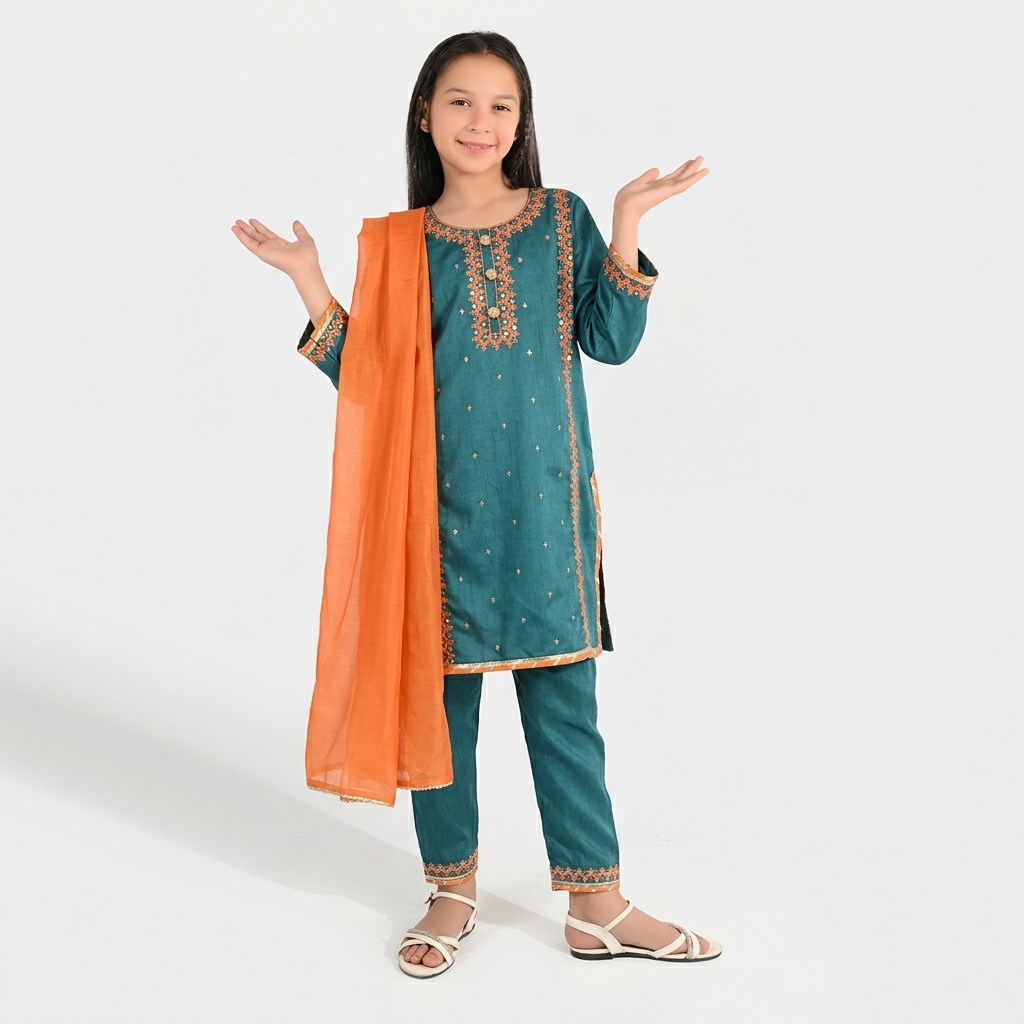 Girls Raw Silk 3Pcs (Naqsh) - Teal blue