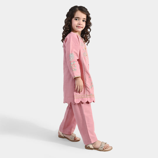 Girls Cotton Slub Emb 2Pcs Mina -Pink