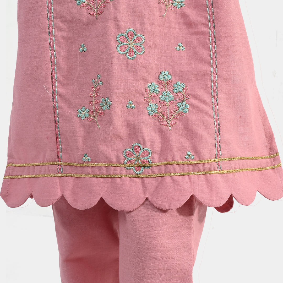 Girls Cotton Slub Emb 2Pcs Mina -Pink