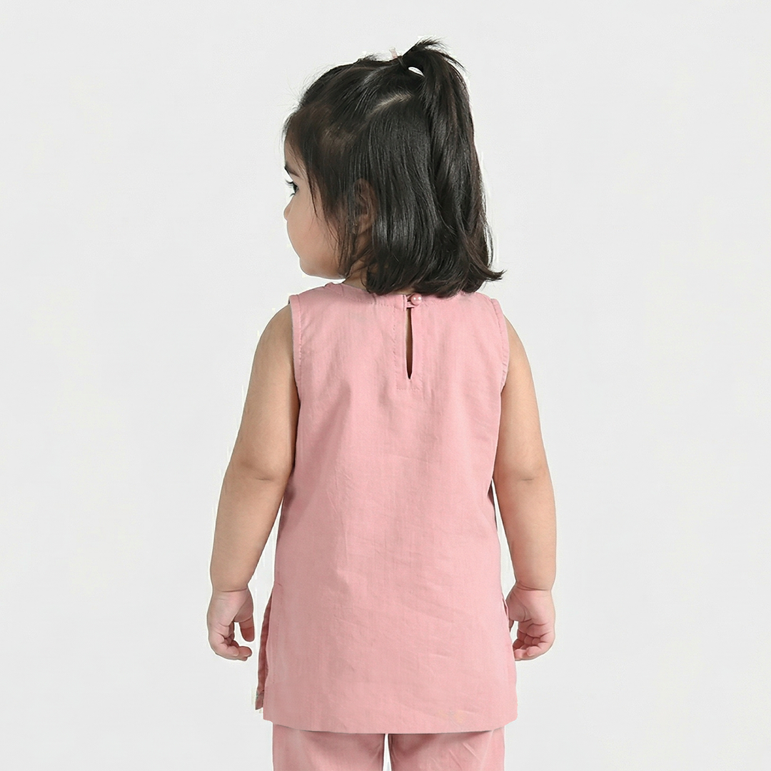 Infant Girls Cotton Slub Embroidered Kurti (Sama) - T.Pink