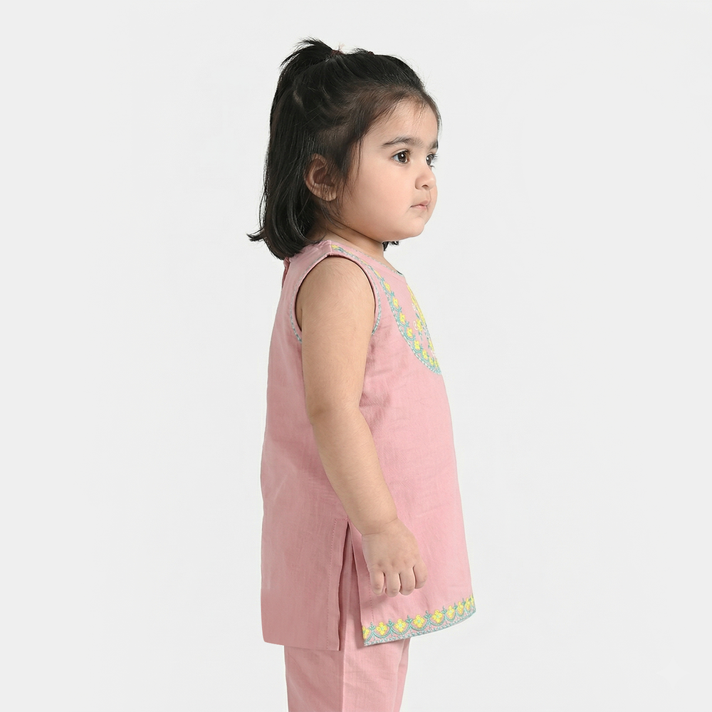 Infant Girls Cotton Slub Embroidered Kurti (Sama) - T.Pink