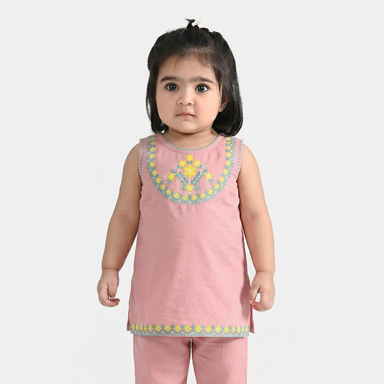 Infant Girls Cotton Slub Embroidered Kurti (Sama) - T.Pink