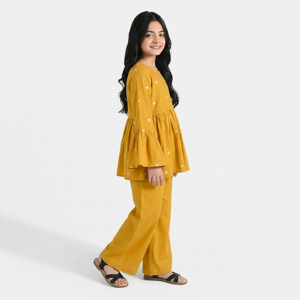 Girls Cotton Slub Embroidered Co-Ord Set - Mustard