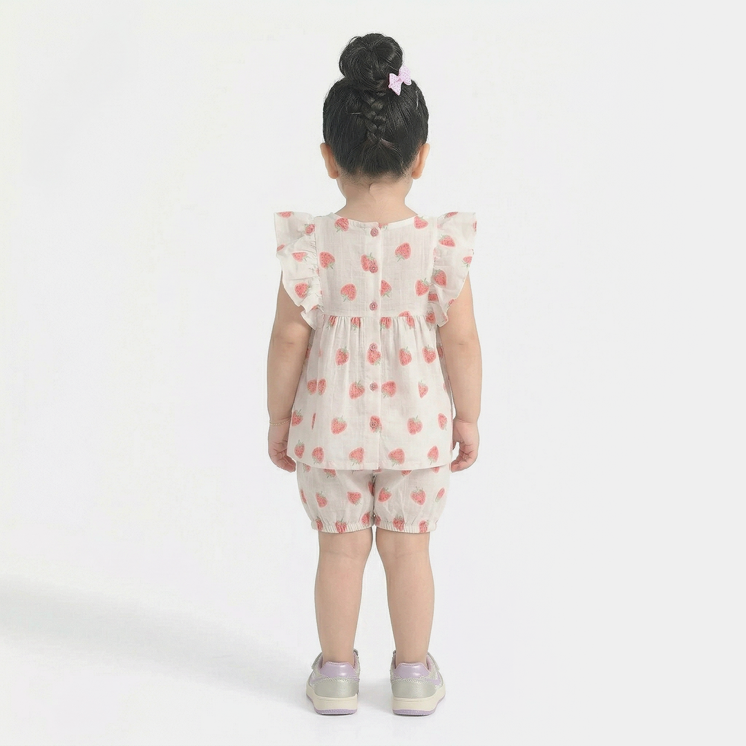 Infant Girls Cotton Slub 2Pc Suit (Strawberry) - White