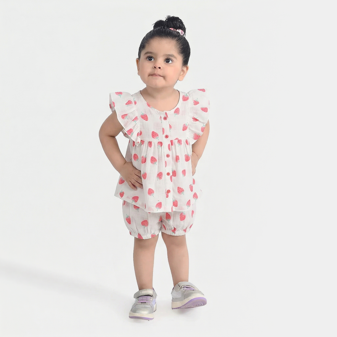 Infant Girls Cotton Slub 2Pc Suit (Strawberry) - White