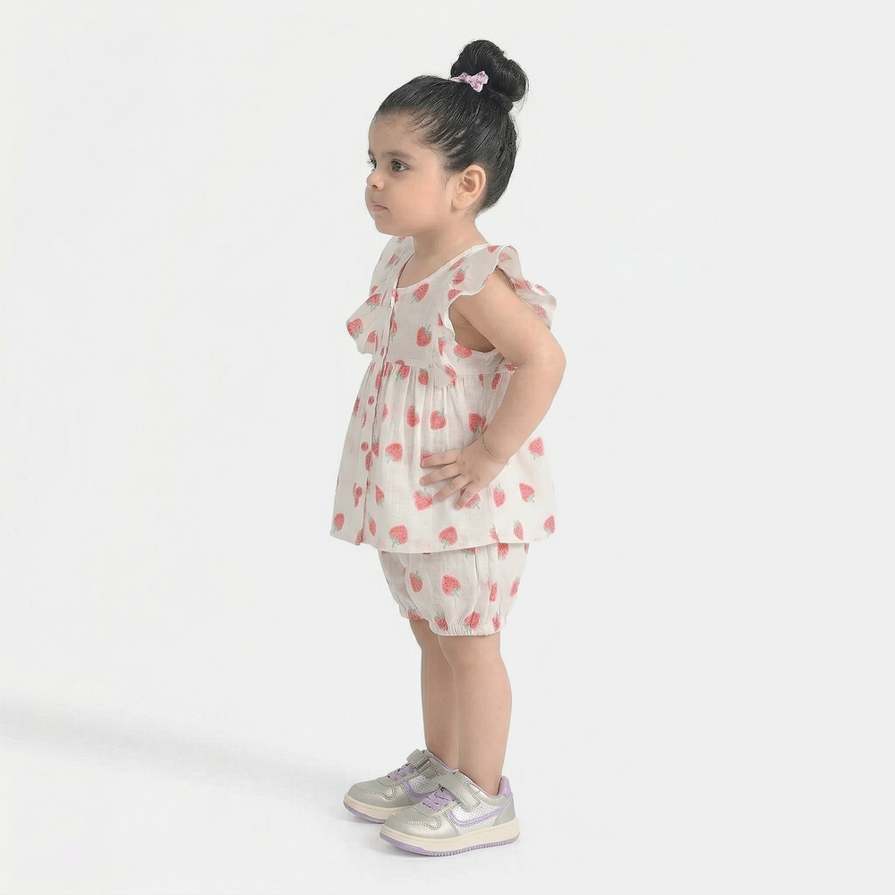 Infant Girls Cotton Slub 2Pc Suit (Strawberry) - White