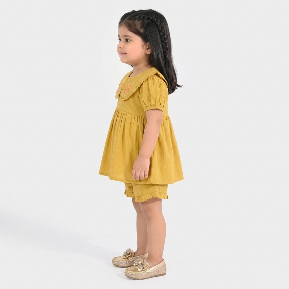 Infant Girls Cotton Jacquard 2 Pc Suit - Mustard