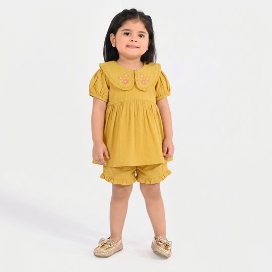 Infant Girls Cotton Jacquard 2 Pc Suit - Mustard