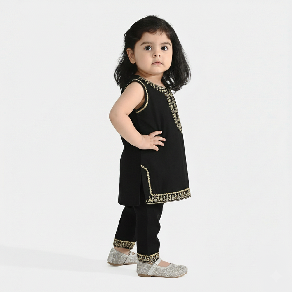 Infant Girls Raw Silk 2Pcs Gota Phool - Black