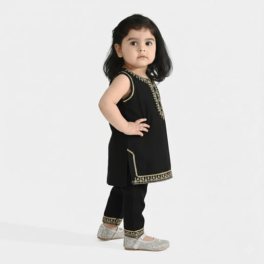Infant Girls Raw Silk 2Pcs Gota Phool - Black