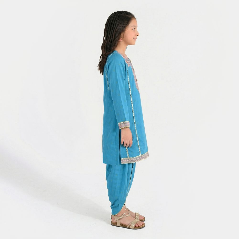 Girls Jacquard Embroidered Suit (Aabroo) - Teal/Blue