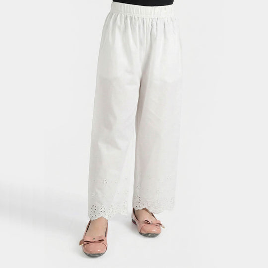 Girls Cotton Embroidered Pants Floral - White