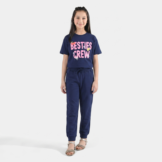 Girls Jersey/Terry 2-Piece Suit (Besties Crew) - Navy Blue
