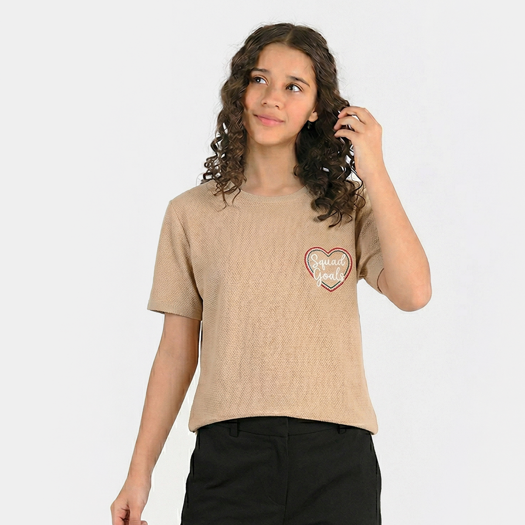 Teens Girls Poly Crinkle T-Shirt (Squad Goals) - Brown