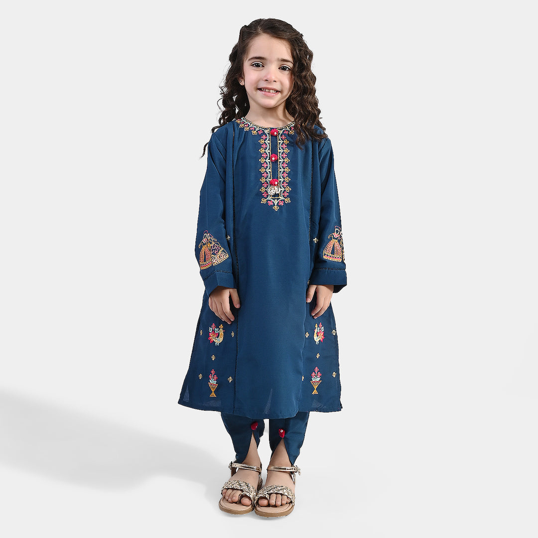 Girls Polyester Emb 2Pcs Falak -Teal