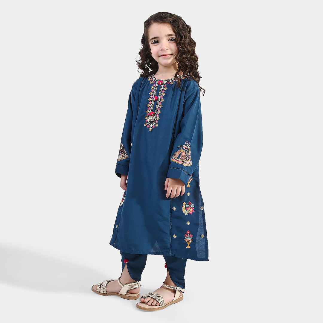 Girls Polyester Emb 2Pcs Falak -Teal