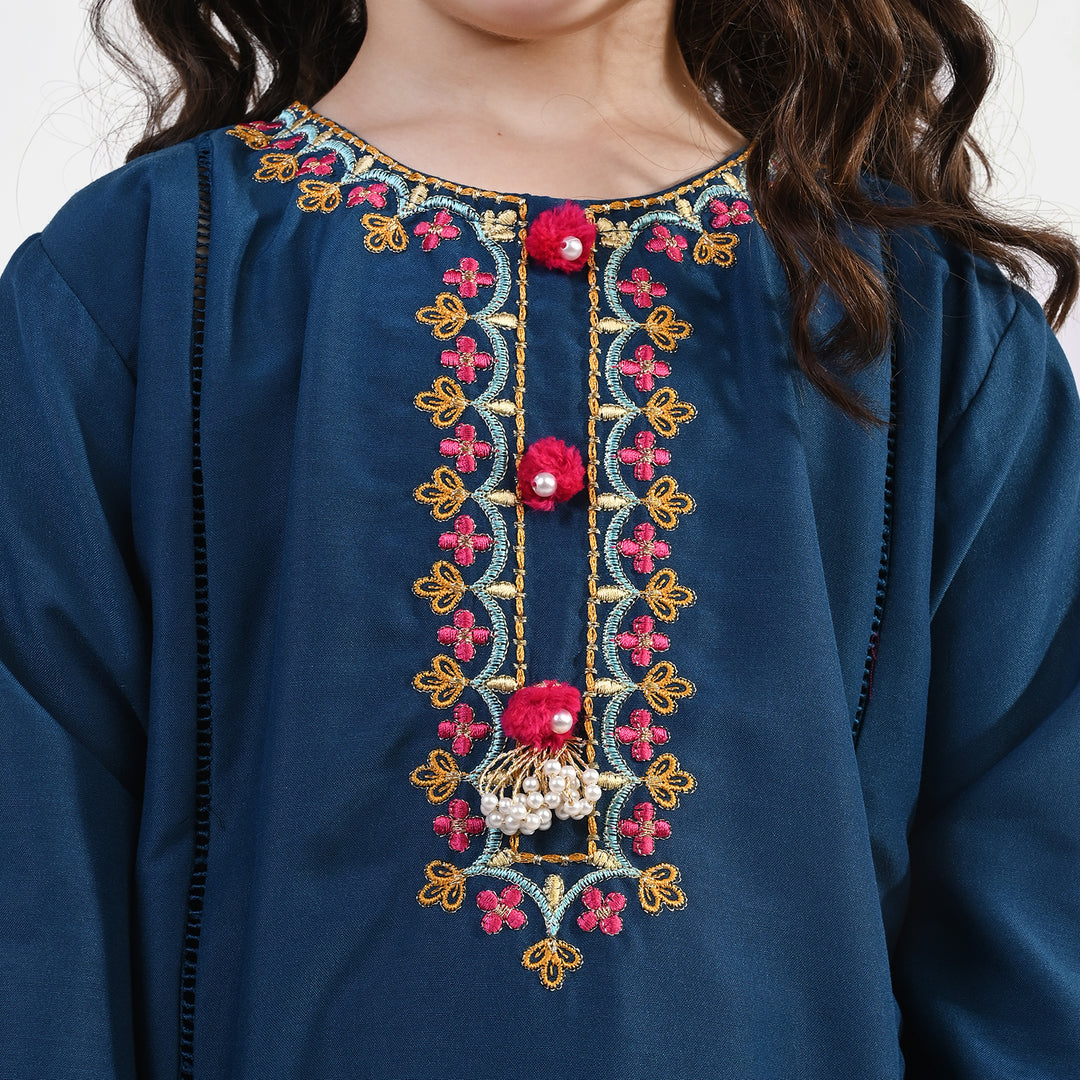 Girls Polyester Emb 2Pcs Falak -Teal
