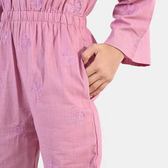 Girls Cotton Slub Embroidered  Jumpsuit (Butterfly) - Pink