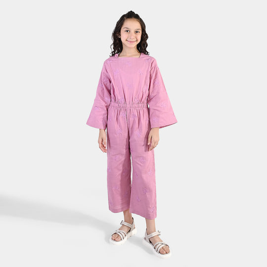 Girls Cotton Slub Embroidered  Jumpsuit (Butterfly) - Pink