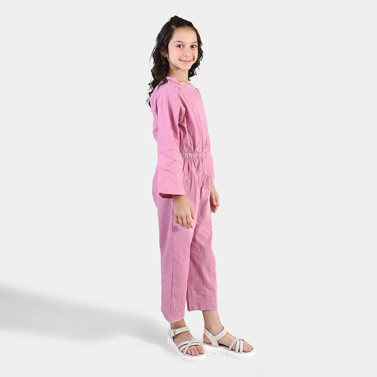 Girls Cotton Slub Embroidered  Jumpsuit (Butterfly) - Pink