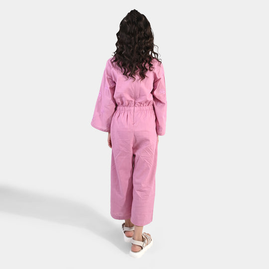Girls Cotton Slub Embroidered  Jumpsuit (Butterfly) - Pink