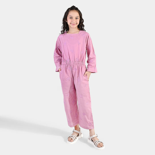 Girls Cotton Slub Embroidered  Jumpsuit (Butterfly) - Pink