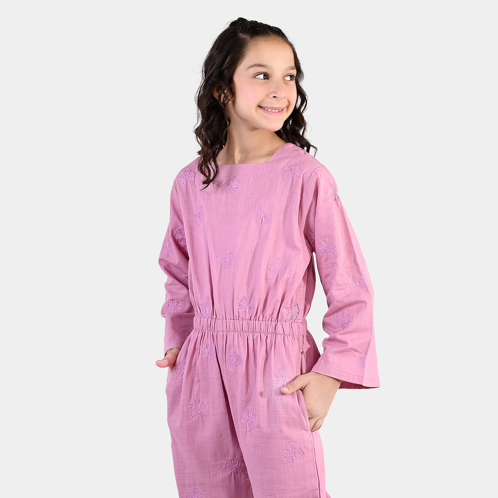 Girls Cotton Slub Embroidered  Jumpsuit (Butterfly) - Pink