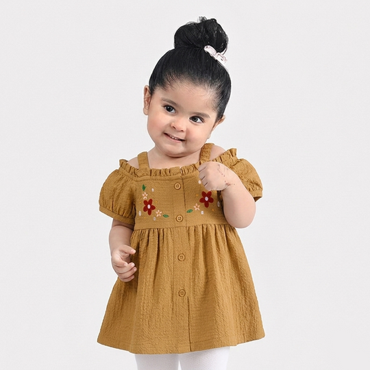 Infant Girls Poly Cambric Embroidered Top (Crochet Butterfly) - Khaki