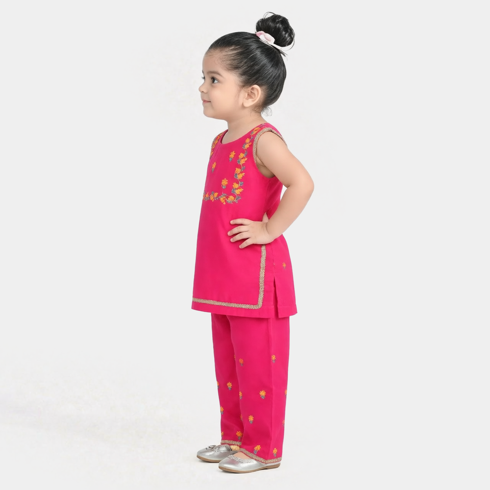 Infant Girls Poly Cambric 2Pc Set (Guddi) - Bright Pink