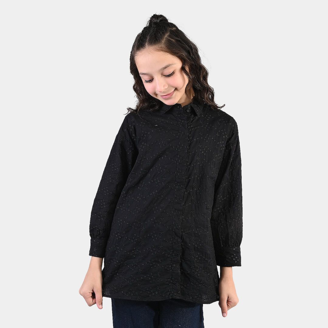 Girls Chicken Kari Embroidered Top (Bear) - Black