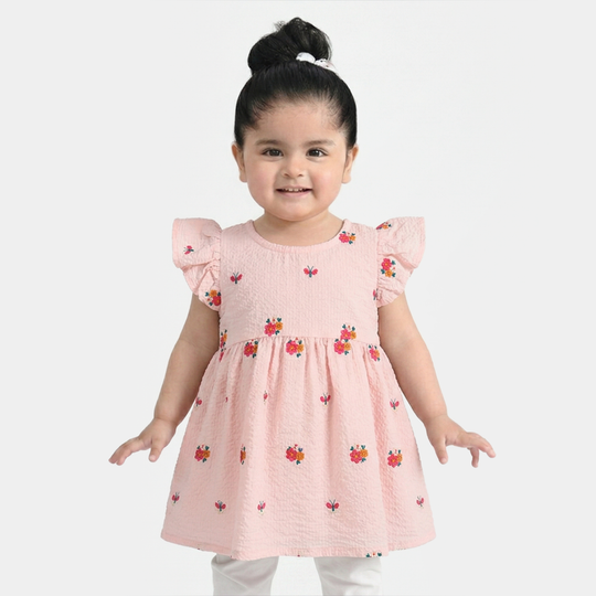 Infant Girls Poly Crinkle Embroidered Top (Butterfly & Flowers) - Baby Pink