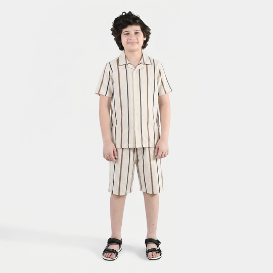 Boys Yarn Dyed Woven Suit (Striped) - Brown/Off-White