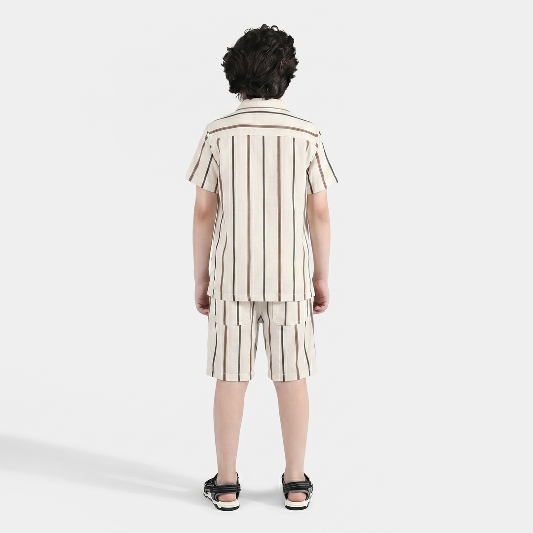 Boys Yarn Dyed Woven Suit (Striped) - Brown/Off-White