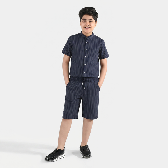 Boys Yarn Dyed Woven Suit (Off White Striper) – Navy