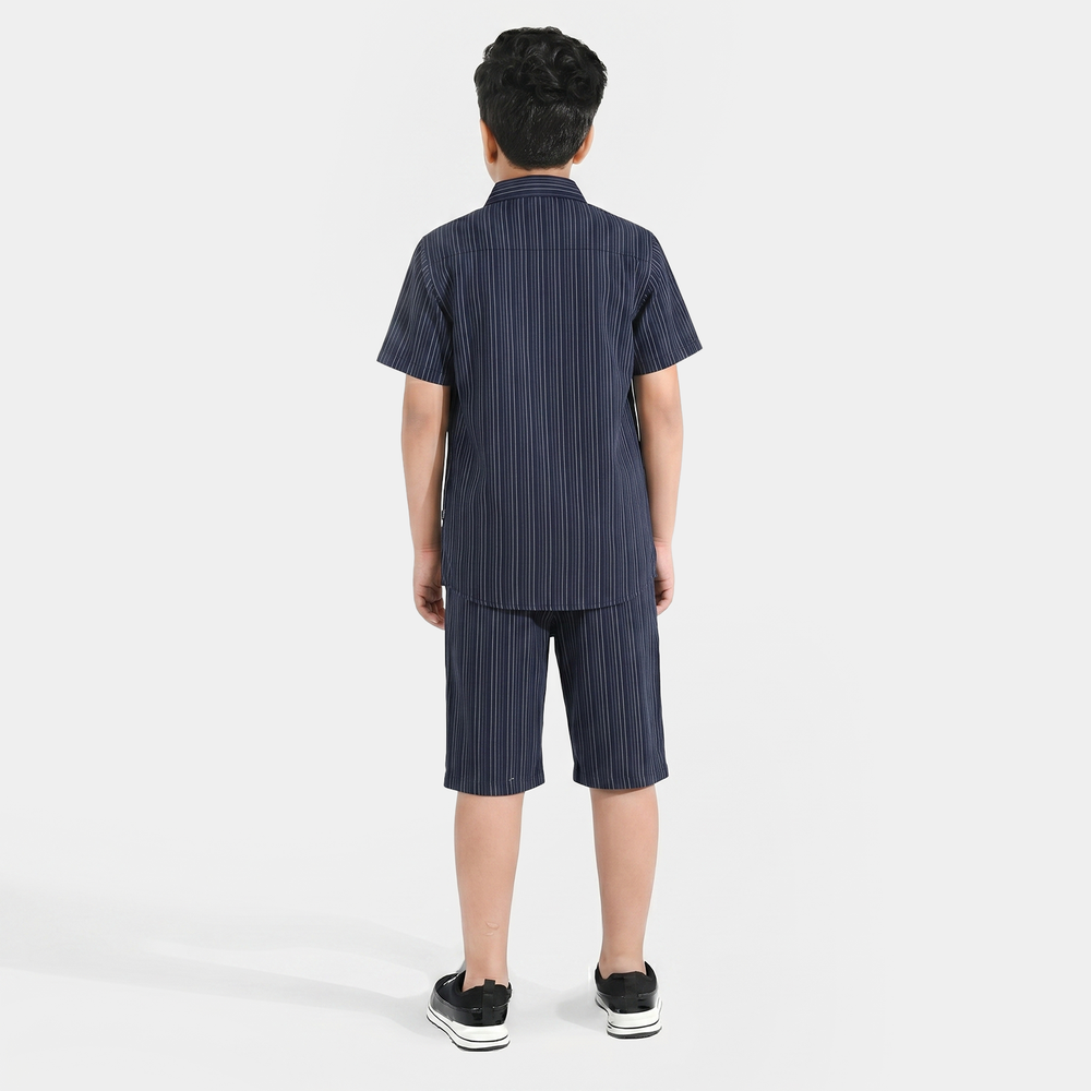 Boys Yarn Dyed Woven Suit (Off White Striper) – Navy