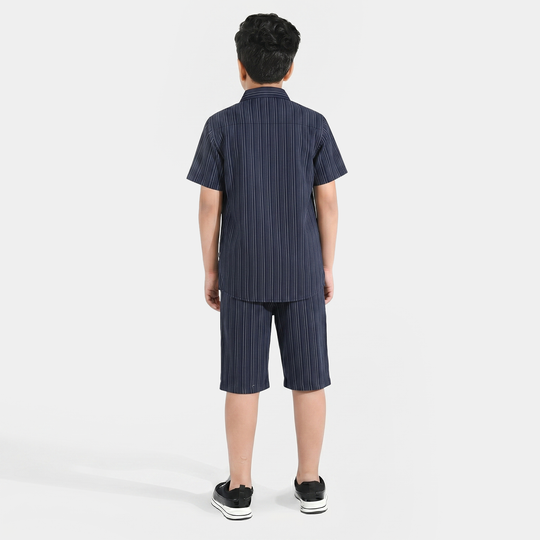 Boys Yarn Dyed Woven Suit (Off White Striper) – Navy