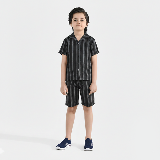 Boys Yarn Dyed Woven Suit - Black Striper