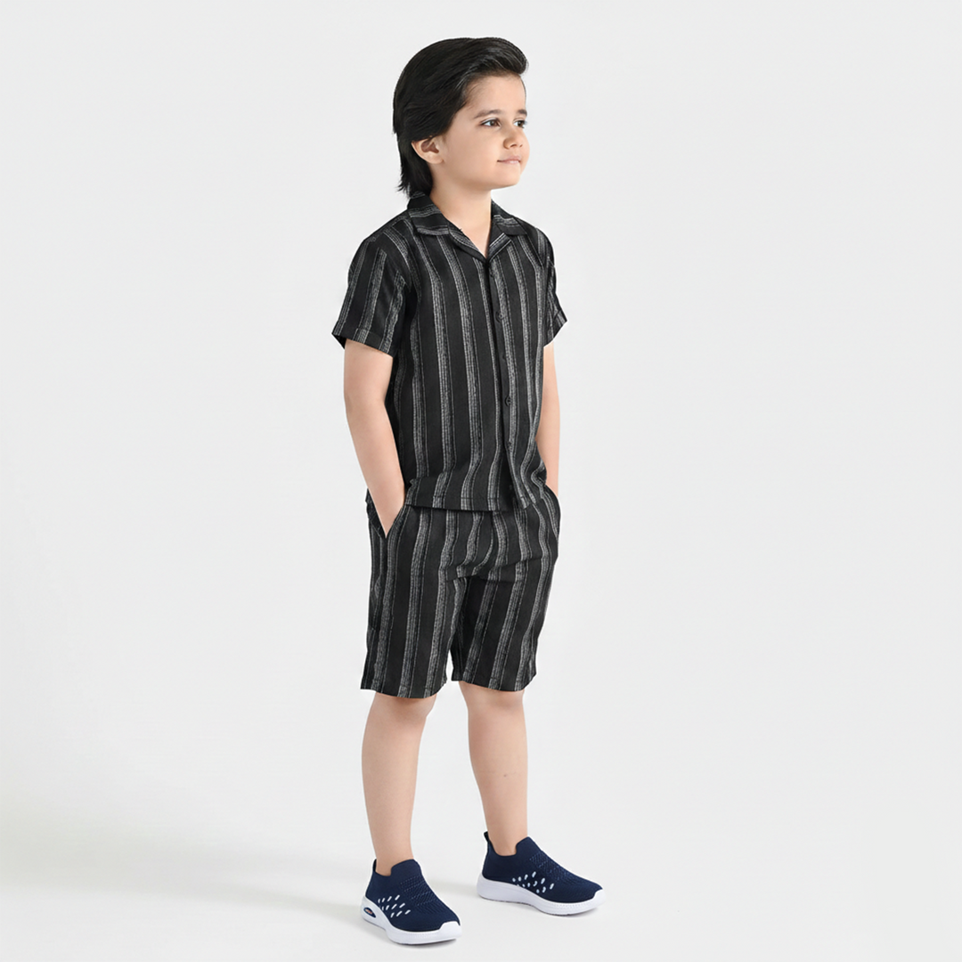 Boys Yarn Dyed Woven Suit - Black Striper