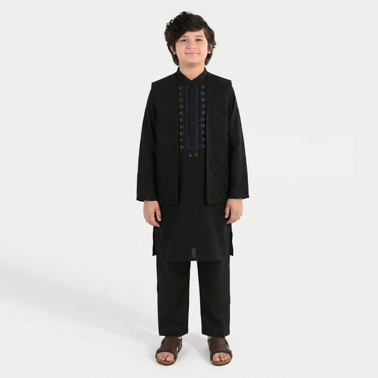 Boys Poly Viscose 3-Piece Suit - Black Lurex
