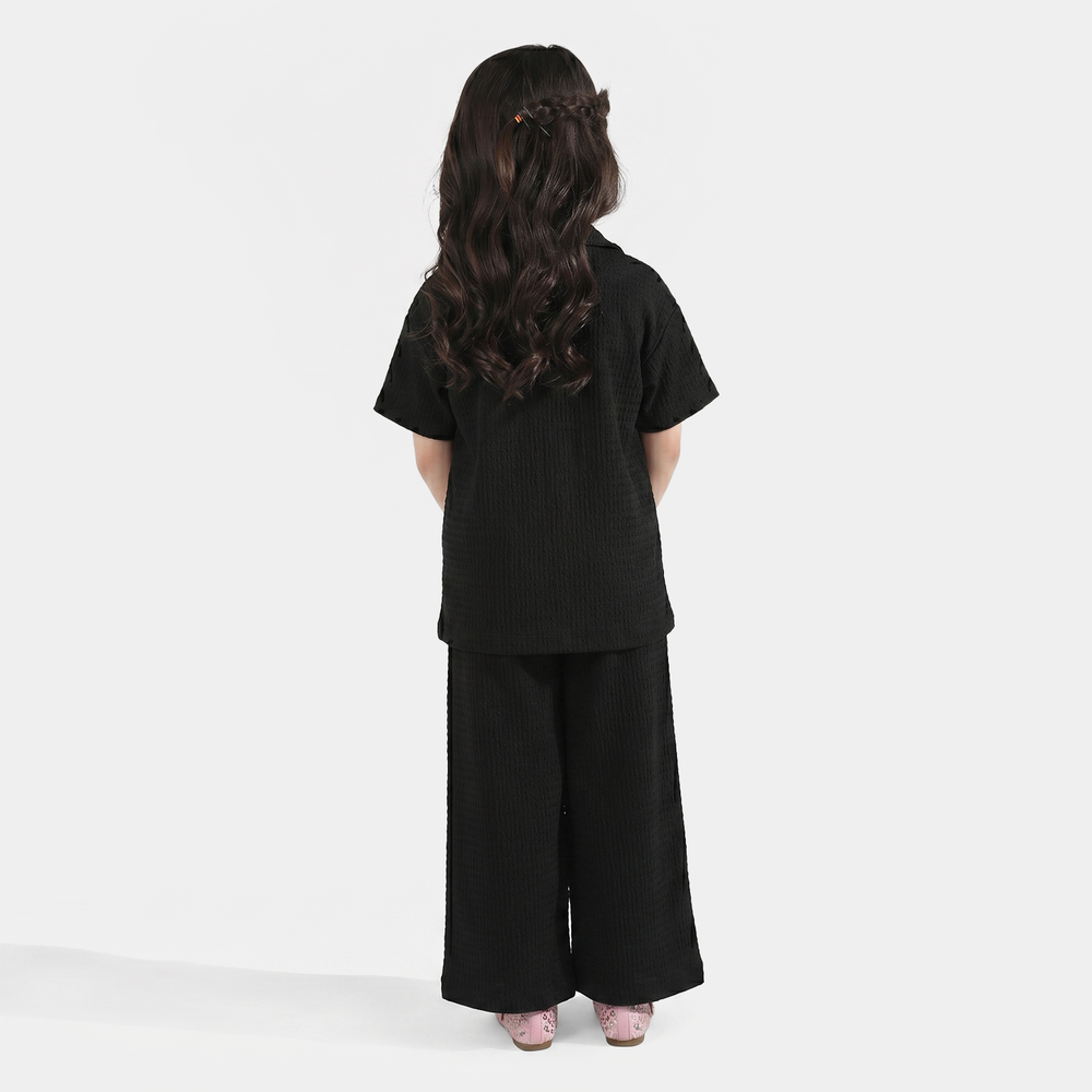 Girls Poly Crinkle Suit (Flower) - Black