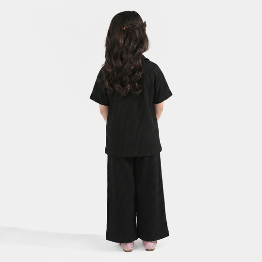 Girls Poly Crinkle Suit (Flower) - Black