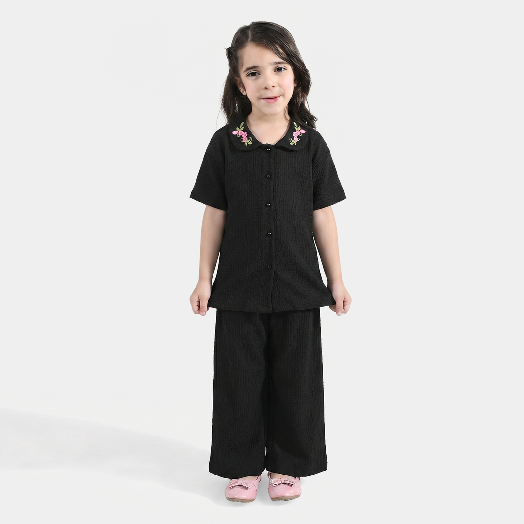 Girls Poly Crinkle Suit (Flower) - Black