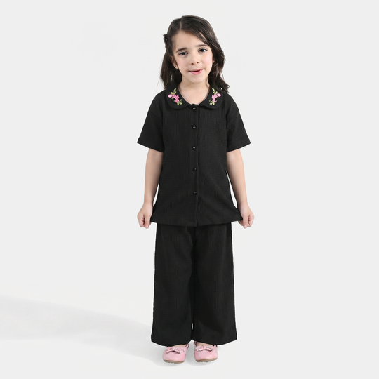 Girls Poly Crinkle Suit (Flower) - Black